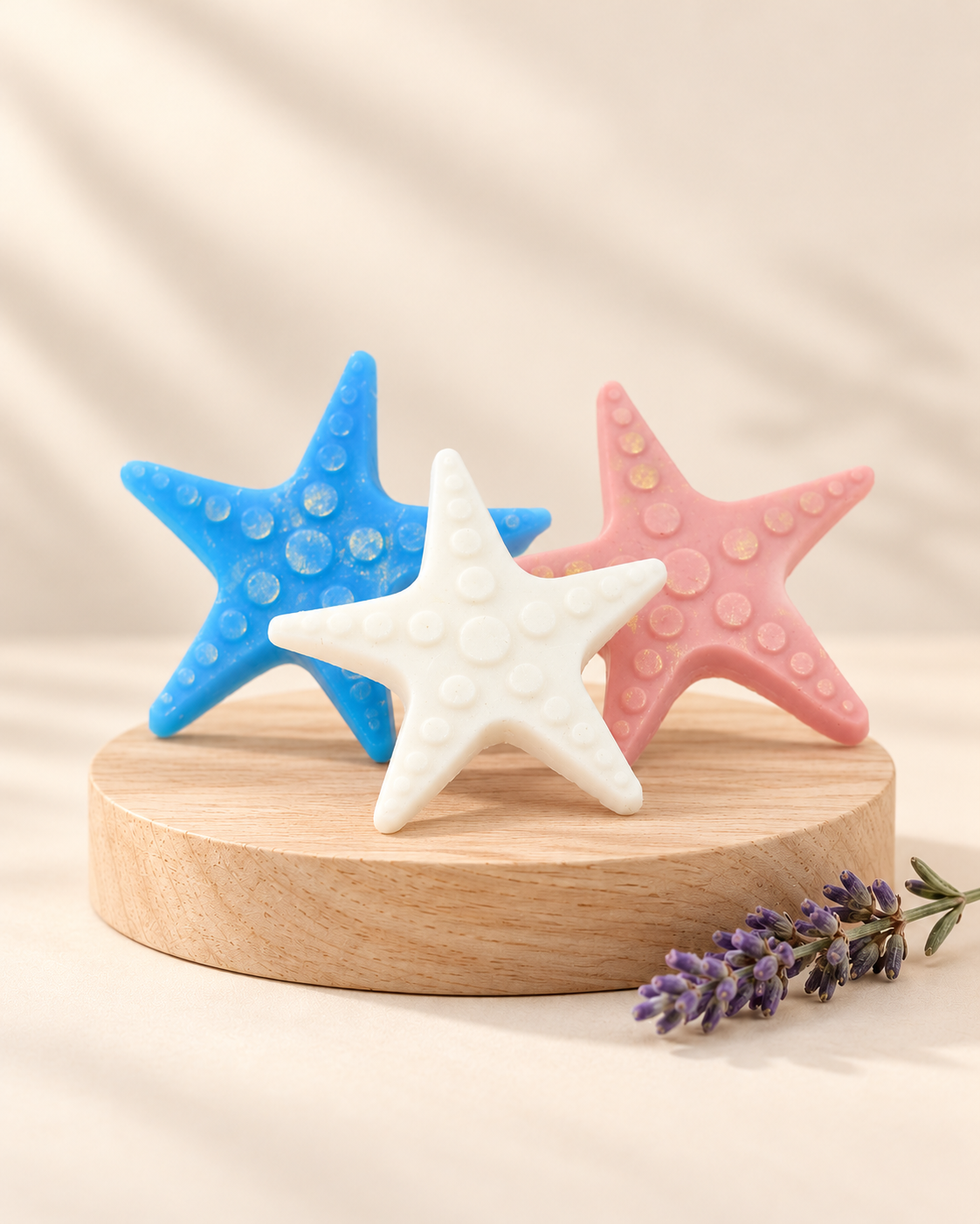 Set of three small sea-star soaps in pink, blue and white