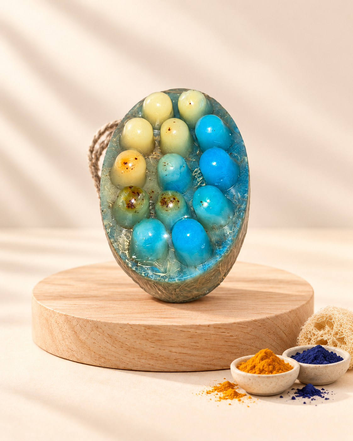 Blue and natural gold massage soap — turmeric, loofah and blue indigo