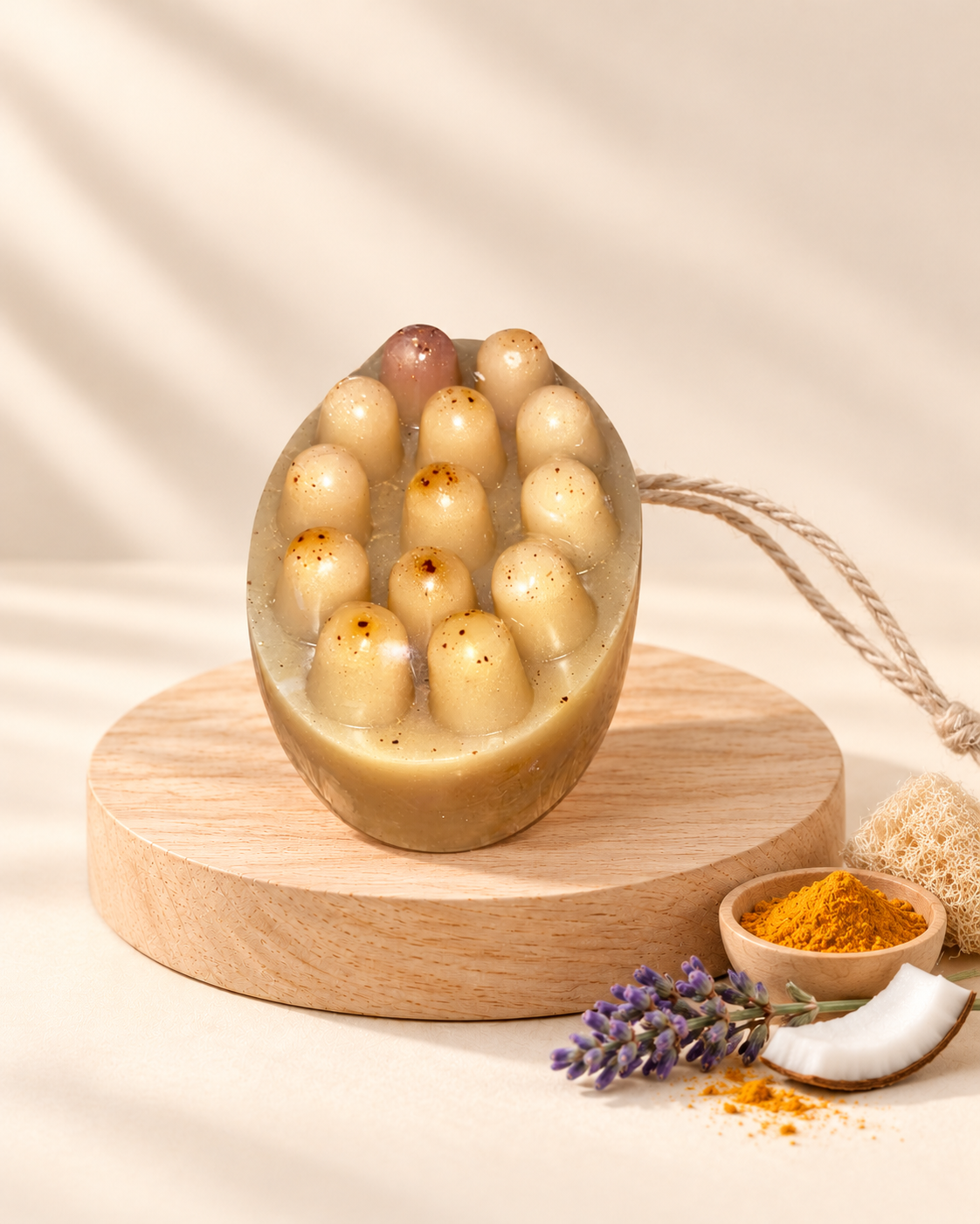 Natural gold massage soap — turmeric, loofah, lavender, vitamin B and coconut oil