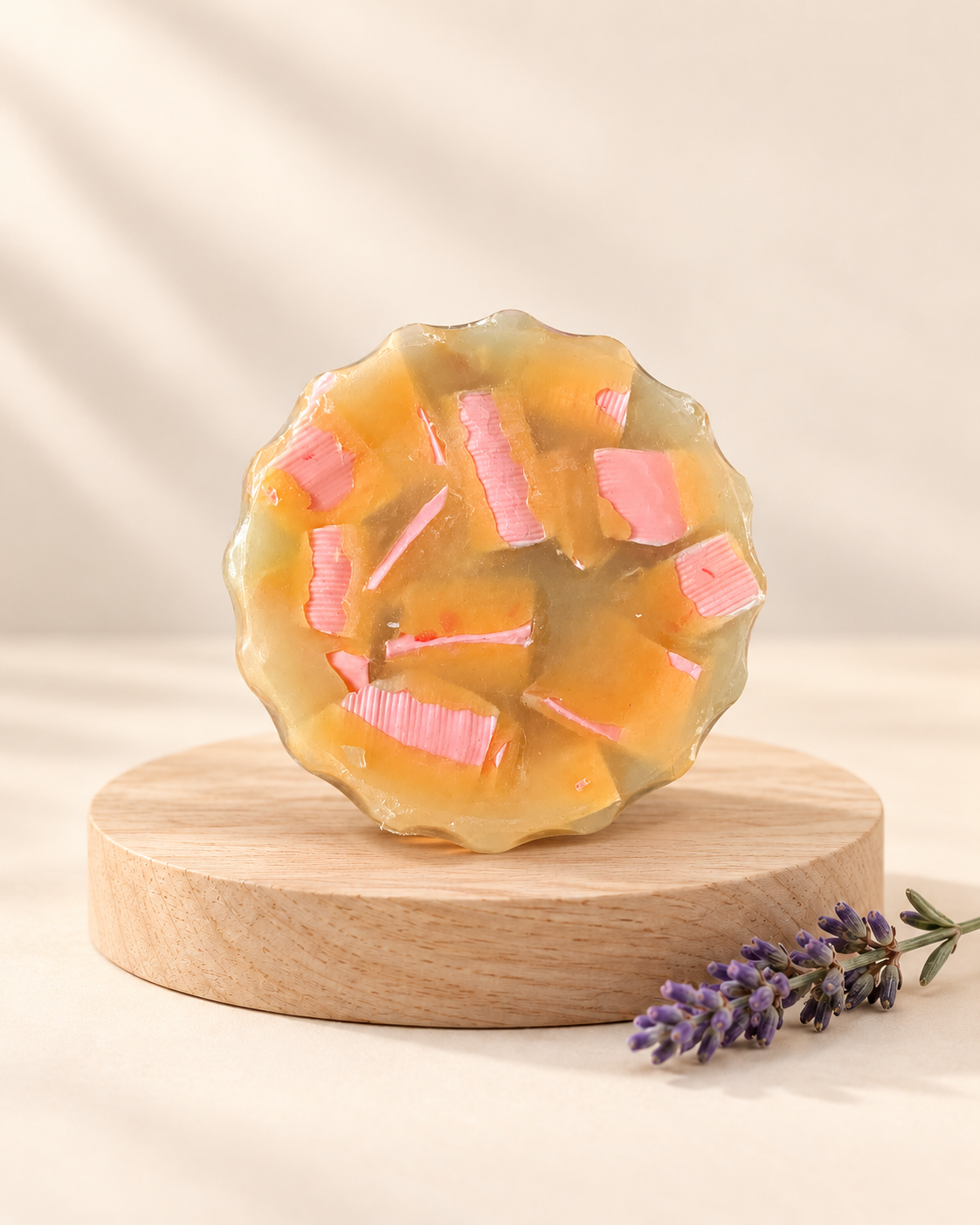 Loofah Soap — Amber & Pink — front view